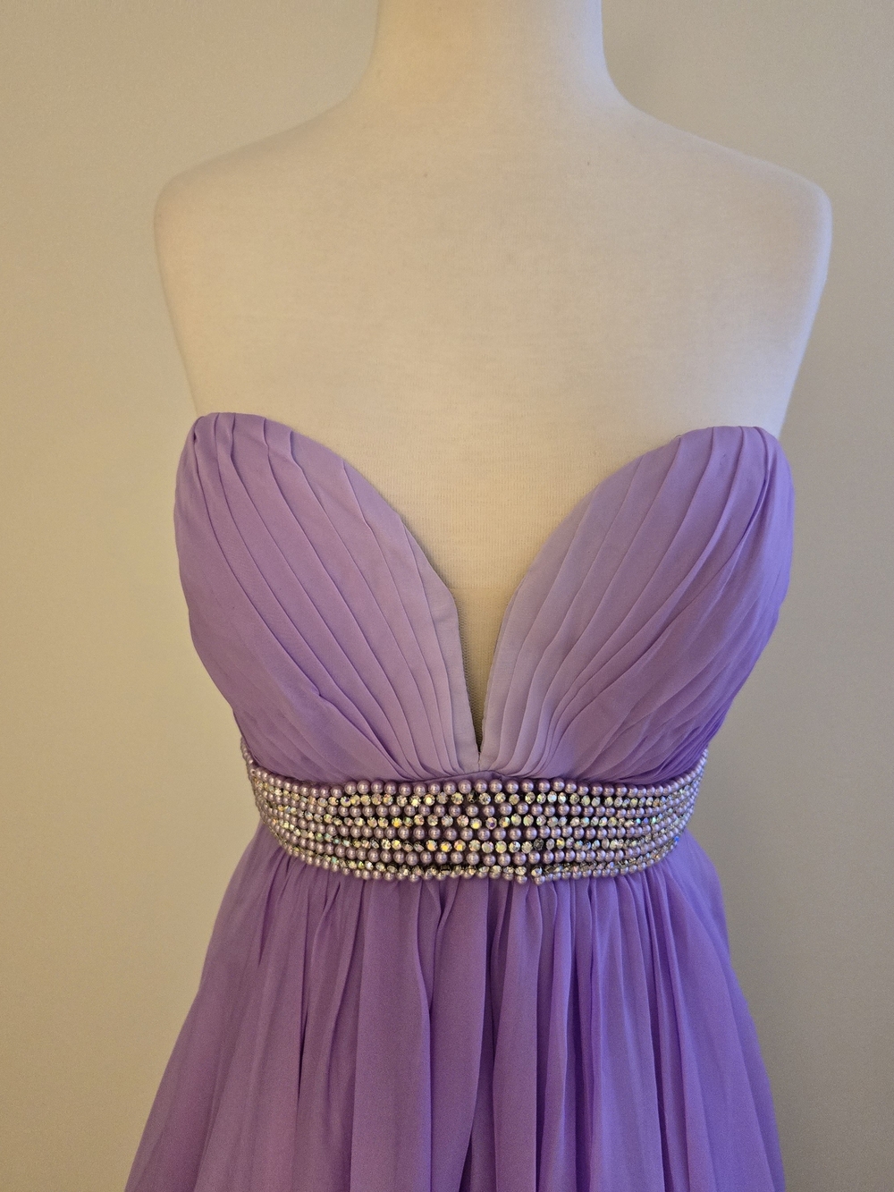 La Femme Lavender to White Ombre Wisteri Strapless Evening Gown Beaded Waist - Picture 2 of 10